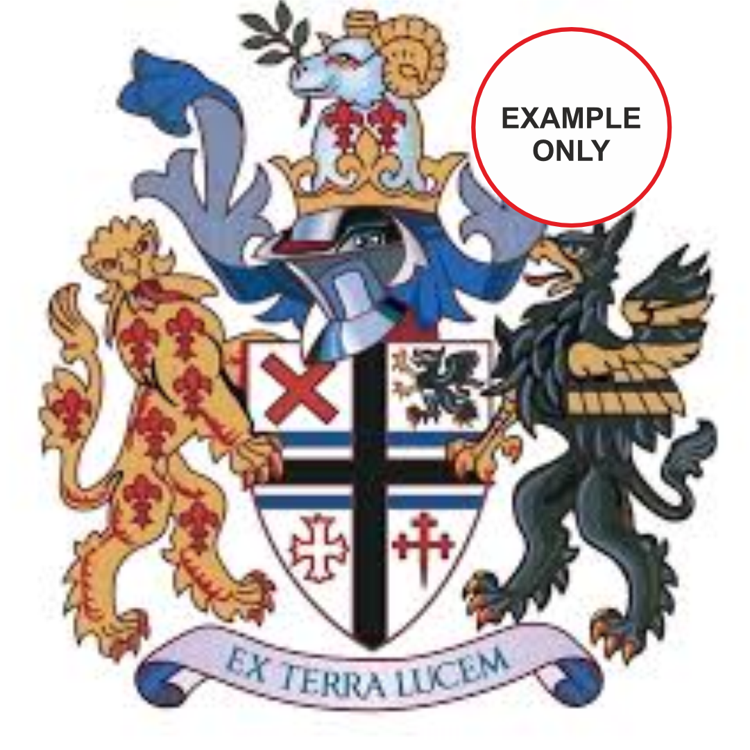 Coat of arms with heraldic elements and 'Example Only' label.